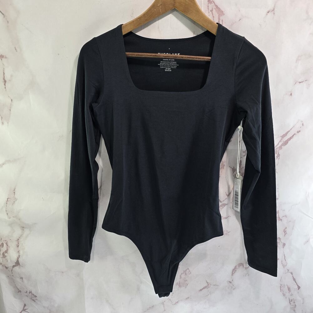 Everlane Bodysuit Womens Black Thong Long Sleeve Square Neck Supima Cotton